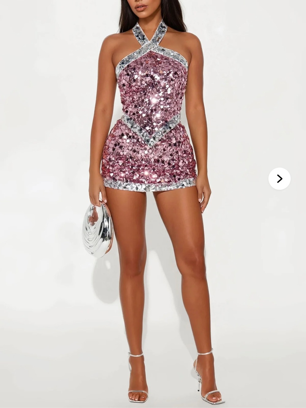 Fashion Nova Pink Sequin Halter Mini with Silver Trim